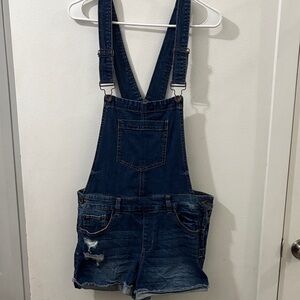 Denim Overalls with Distressed Detailing